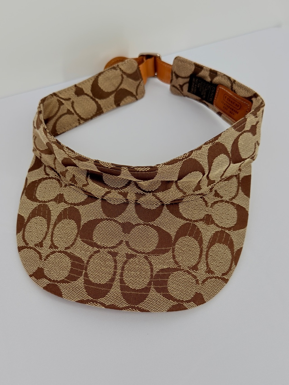 Coach Signature Logo Jacquard Visor Hat Khaki Brown Adjustable Sun Visor - Picture 3 of 9